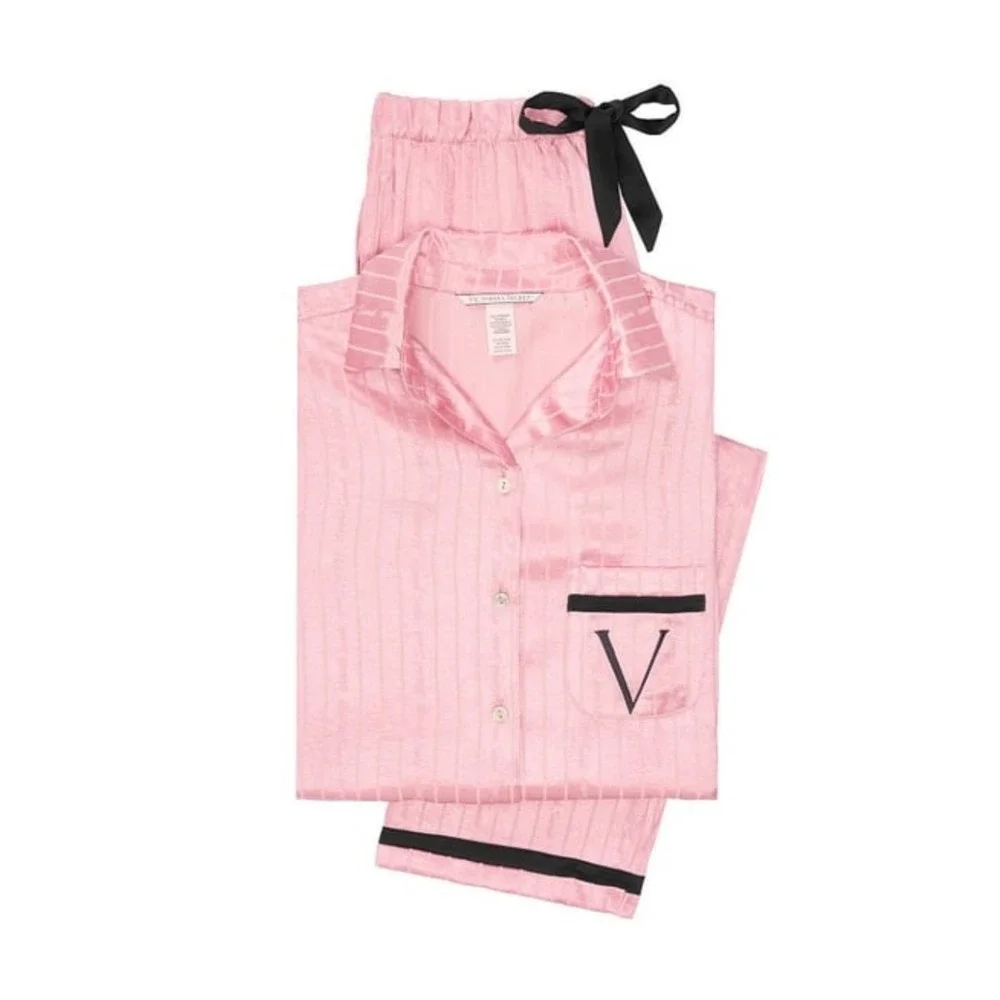 Victoria's Secret Pajama Matching Set Lg Pink Satin Striped Button Up Barbiecore